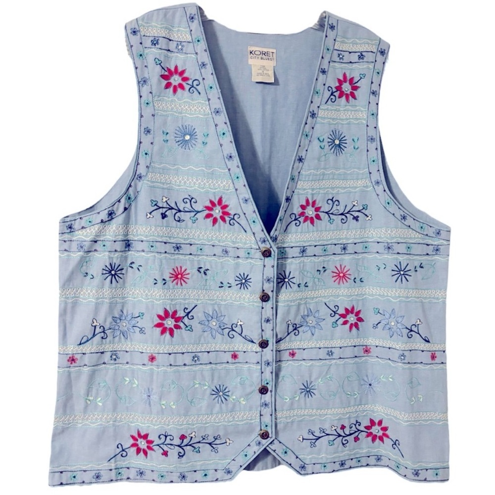 Vintage Embroidered Vest Chambray Denim Cottagecore Floral Koret Blue Size 1X - Picture 12 of 16